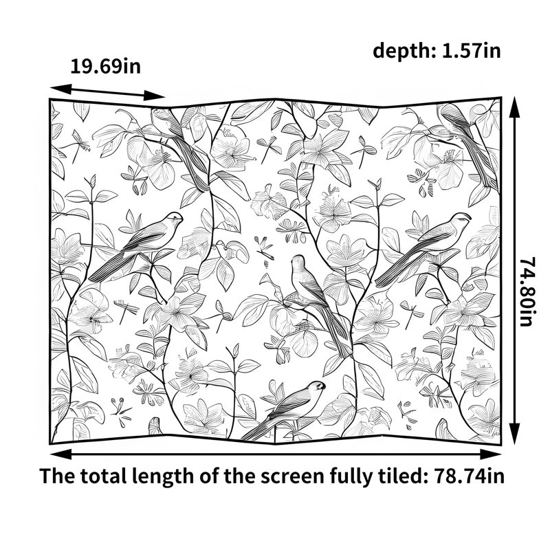 Floral Bird Room Divider, 74.8" H x 78.74" W x 1.57" D