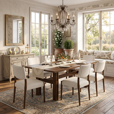 Modern Farmhouse Solid Wood Dining Table Set for 6 with Upholstered Chairs, Rustic Kitchen Table and Chair Set for Dining Room or Multi-Use Space