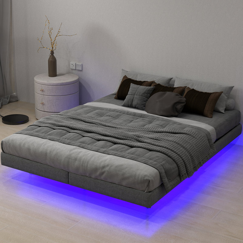 Floating Bed Frame with LED Lights Metal Slats Underbed Storage Space No Box Spring