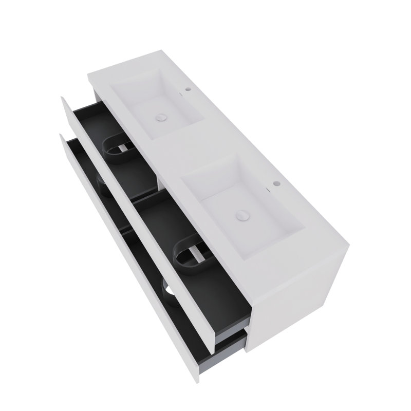72" Wall-Mounted Double Bathroom Vanity With Resin Top And 4 Soft Close Drawers, Glossy White