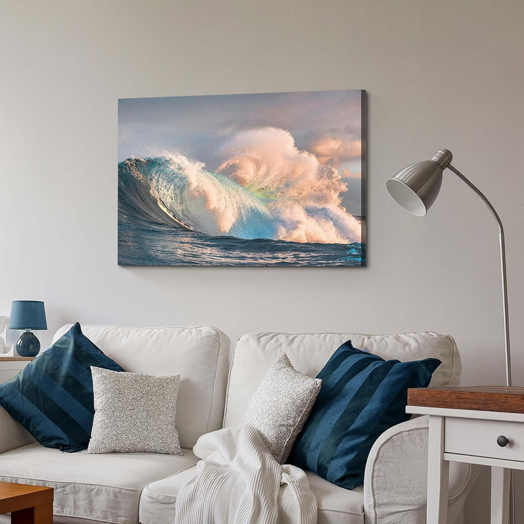 Sunset Wave Crash Wall Art - Rolling Ocean Canvas Picture Print Modern Seascape Artwork Coastal Sea Painting for living room 36x24 Inches