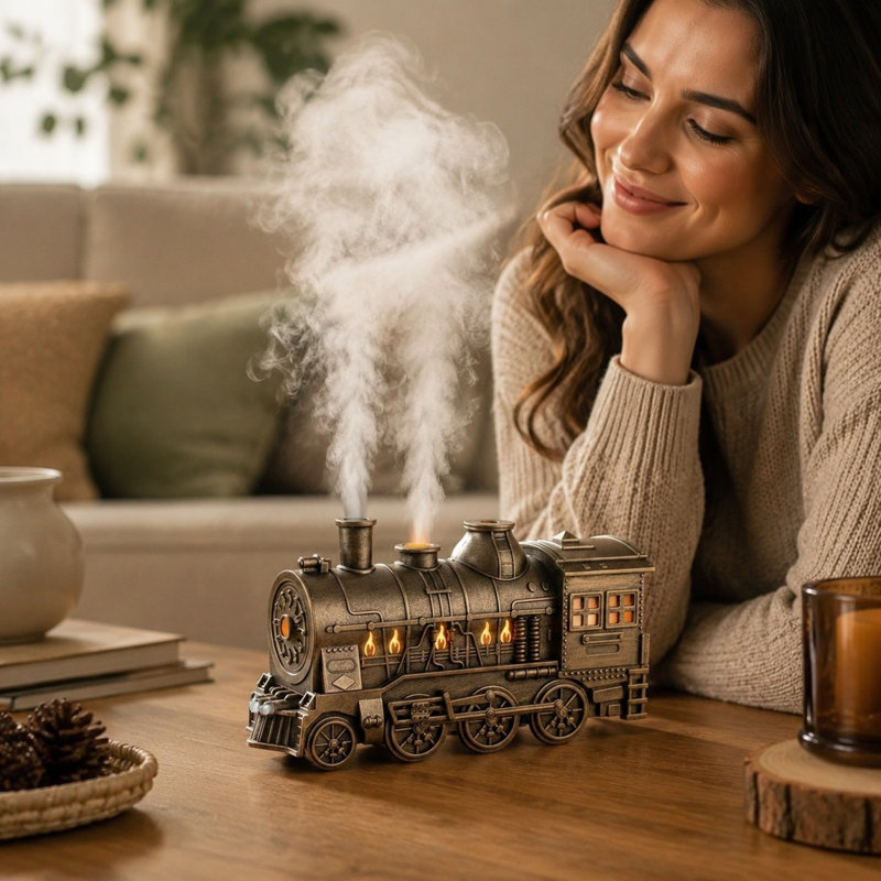 Diffuseur d'huiles essentielles vintage en tissu, motif locomotive, humidificateur, USB, diffuseur d'aromathérapie avec brumisation, idéal pour la décoration de la maison, du bureau ou du bureau.
