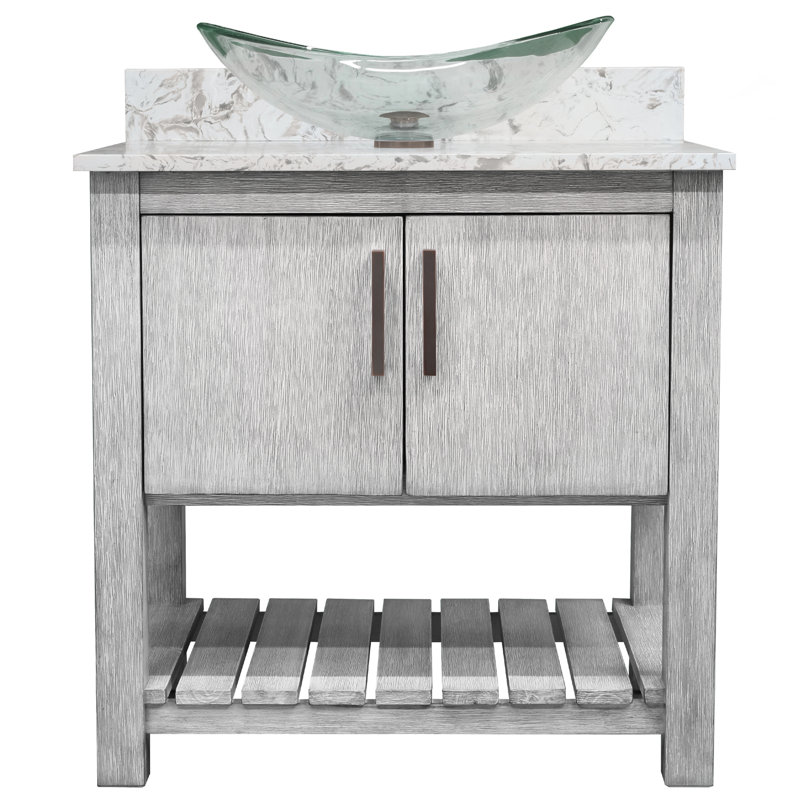Meuble-lavabo de 30 po avec comptoir en quartz moka, lavabo en verre et quincaillerie bronze huilé, Bronze frotté à l'huile