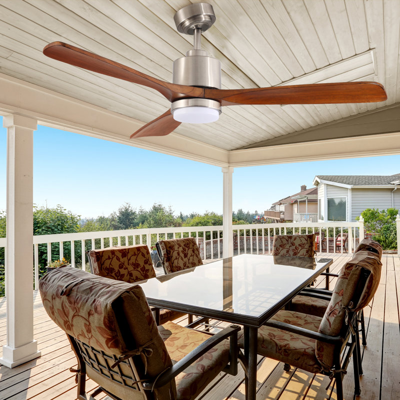 Frankin 52'' Solid Wood Ceiling Fan with LED Lights, Silver with Brown Blades