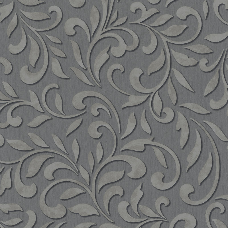 Leafy Scroll Damask Wallpaper Roll, Dark Grey