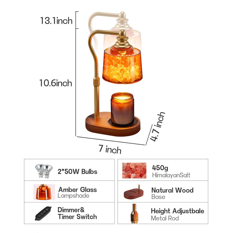 Lampe chauffe-bougie 3-en-1 avec minuterie, intensité variable, lampe au sel de l'Himalaya et diffuseur passif, cadeaux de réchauffement de la maison, chauffe-bougie en cire pour bougies en pot (or)