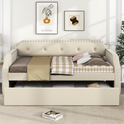Lit de jour rembourré beige avec lit gigogne escamotable, lit simple pour matelas en mousse de taille dortoir