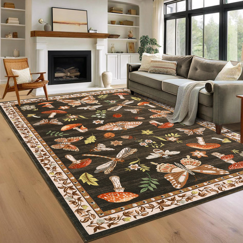 Floral Machine Washable Rug with Non-Slip Backing, Soft Thin Low Pile Non Shedding Floor Carpet, Indoor Foldable Printed Accent Mat for Living Room/Nursery/Bedroom