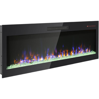 Foyer électrique mural encastré en verre trempé ultra-mince de 60 pouces avec télécommande et flamme multicolore et chauffant à lumière DEL