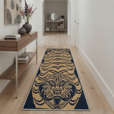 Tiger Animal Print Machine Washable Navy Bisque Indoor Area Rug With Non-Slip Backing