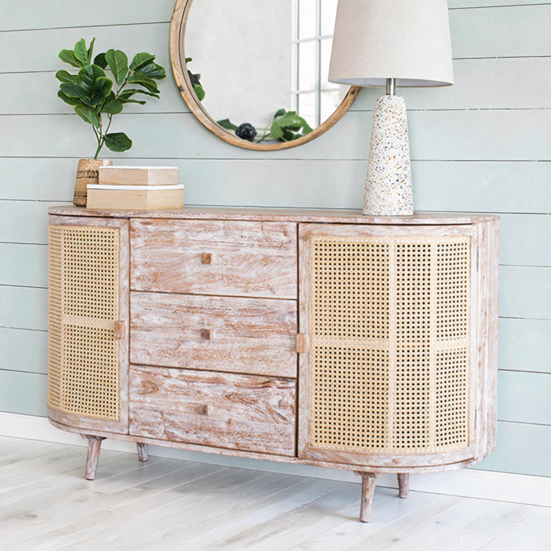 Sand Blast White Acacia Wood and Cane 3-Drawer TV Console with Curved Storage Doors