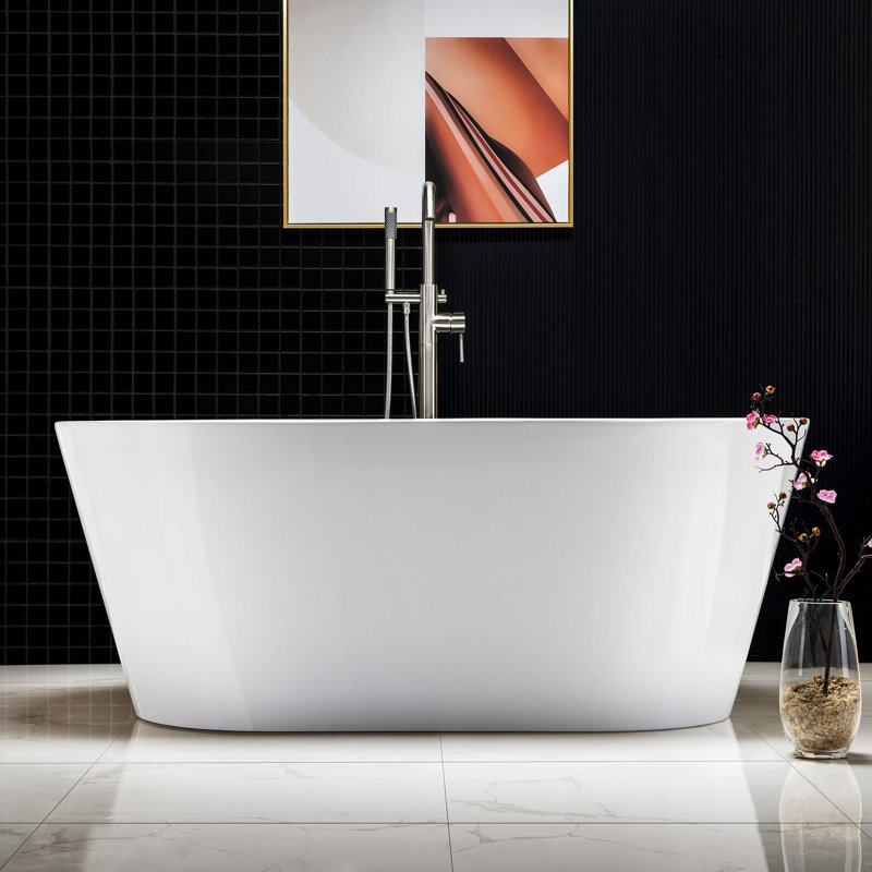 59'' x 29.5'' Freestanding Soaking Acrylic Bathtub, Brushed Nickel, White