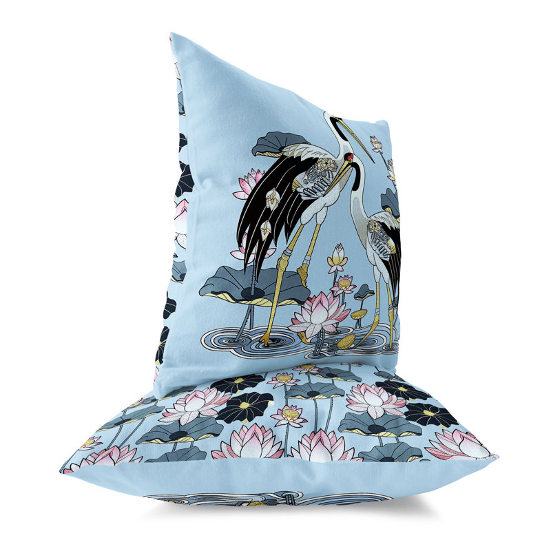 Coussin Crane and Lotus, Bleu / Noir, H 16 po x l 16 po