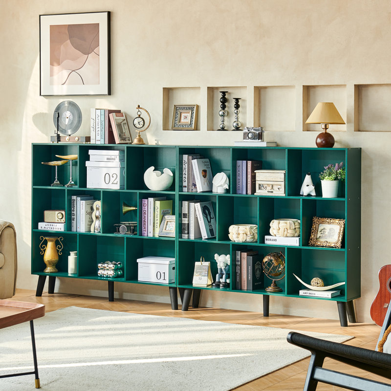 10 Cube Bookshelf,3 Tier Modern Wide Bookcase With Legs,Mid-Century Wood Bookshelves Storage，Retro Large Book Case,Freestanding Organizer Display Shelf For Bedroom,Living Room,Office