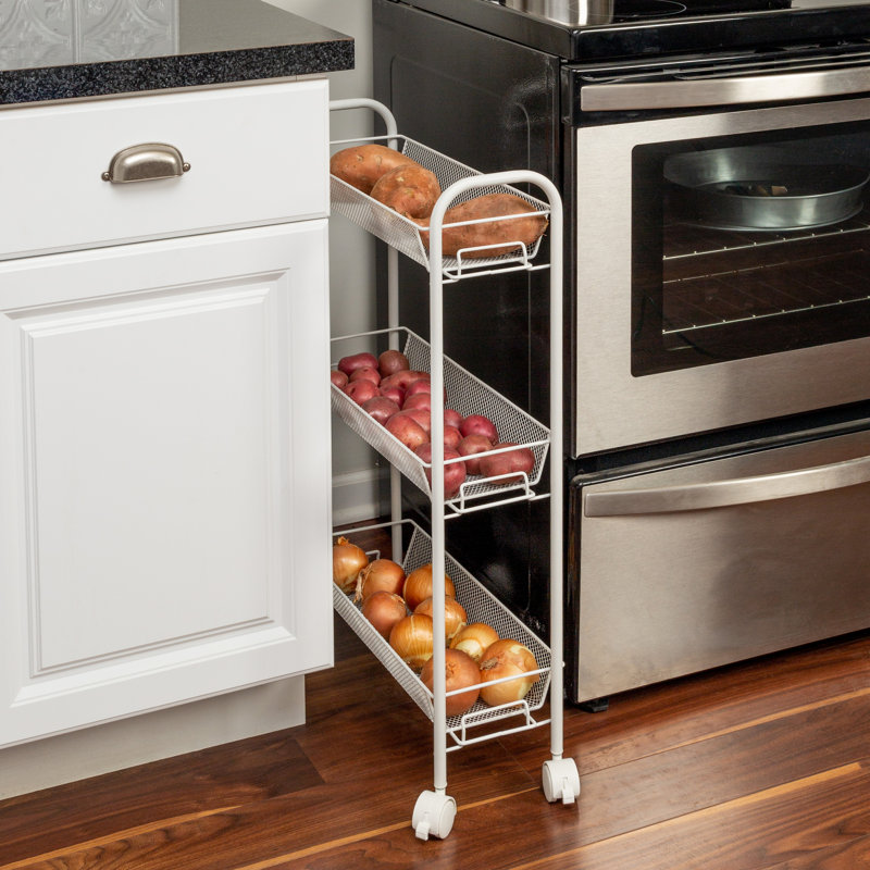 Slim White 3-Tier Wire Mesh Rolling Storage Cart