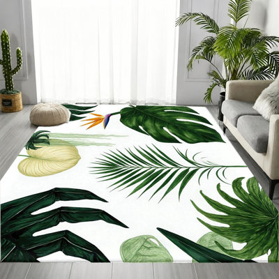 Lush Green Leaf Tropical Botanical Area Rug, Fresh Natural Foliage Art Pattern, Soft Durable, Machine Washable Non-Slip Floor Carpet, Stylish Vibrant Indoor Home Decor for Living Room, Bedroom, Entryway, Front Door, Kitchen, Balcony, Apartment