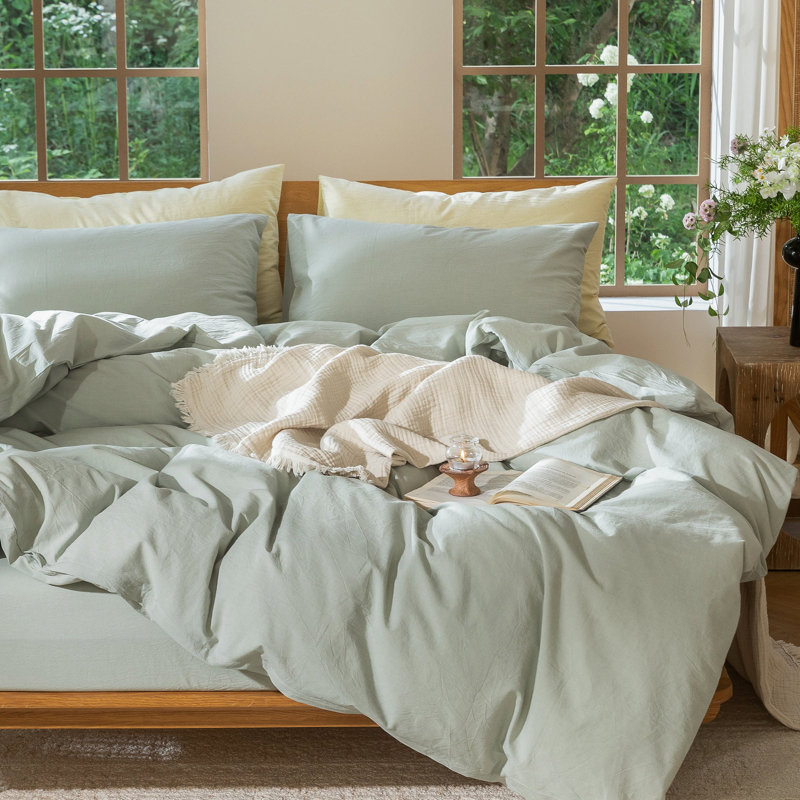 MooMee Lightweight Duvet Cover Set with Zipper Closure 8 Ties 100% Washed Cotton Linen Like Textured Soft Breathable All-Season