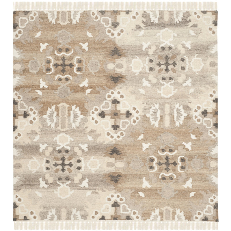 Tapis gris en laine, viscose et coton tissé à la main Mill, Carré 5 pi