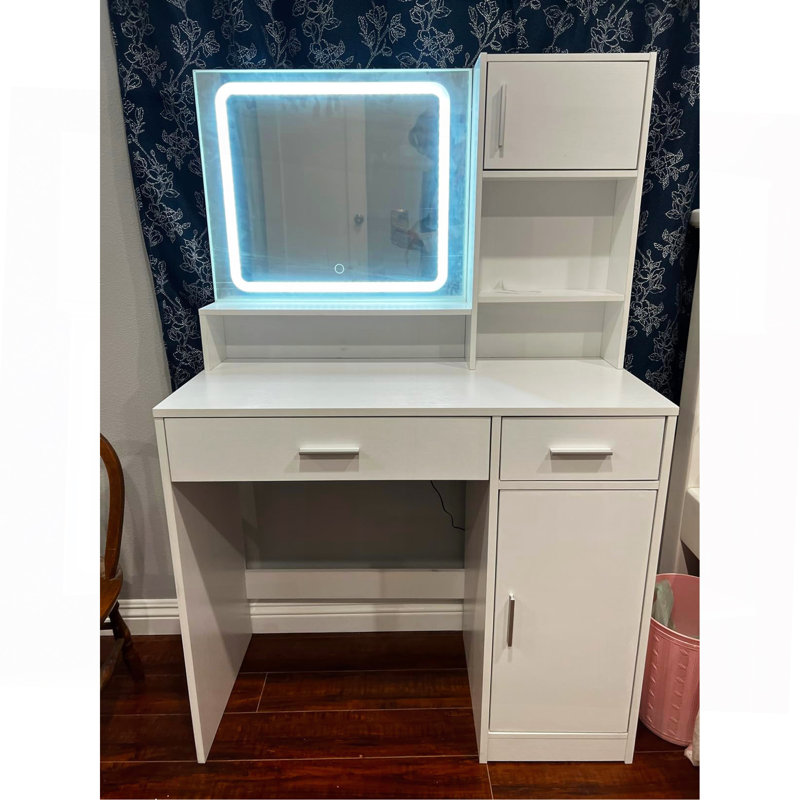 Bureau de coiffeuse avec miroir et bande lumineuse à DEL, coiffeuse avec grand tiroir, commode de rangement à 3 niveaux et 3 modes d'éclairage à luminosité réglable, convient à la chambre à coucher (blanc)