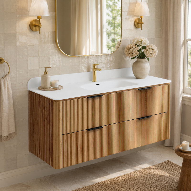 Ensemble de meuble-lavabo flottant 48 po avec comptoir intégré en acrylique 48 po, Naturel, 48"