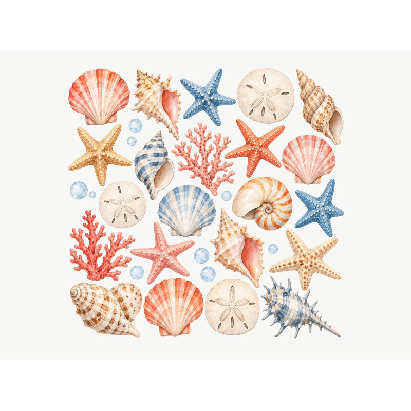 Seashell And Starfish Wall Decals, Set of 29 Peel and Stick Nursery Wall Stickers, Satin Finish Removable Kids Room Wall Art, 20"W x 20"H (50 x 50 cm)