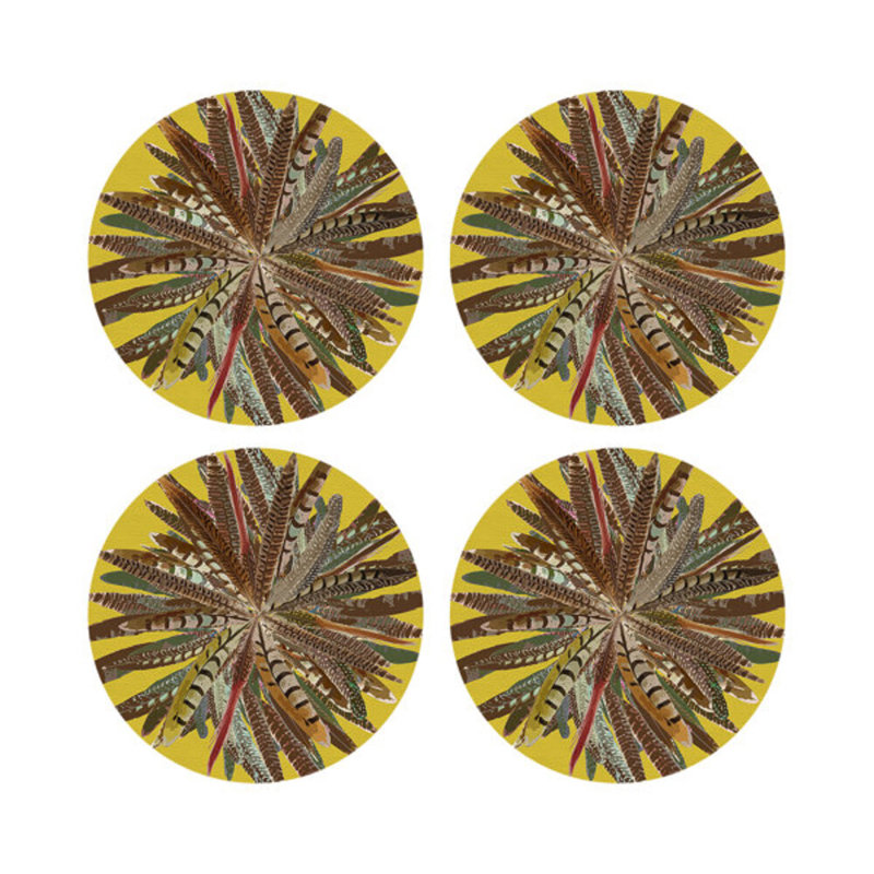 Pheasant Feathers Vegan Leather Round Pebble Placemat, Yellow