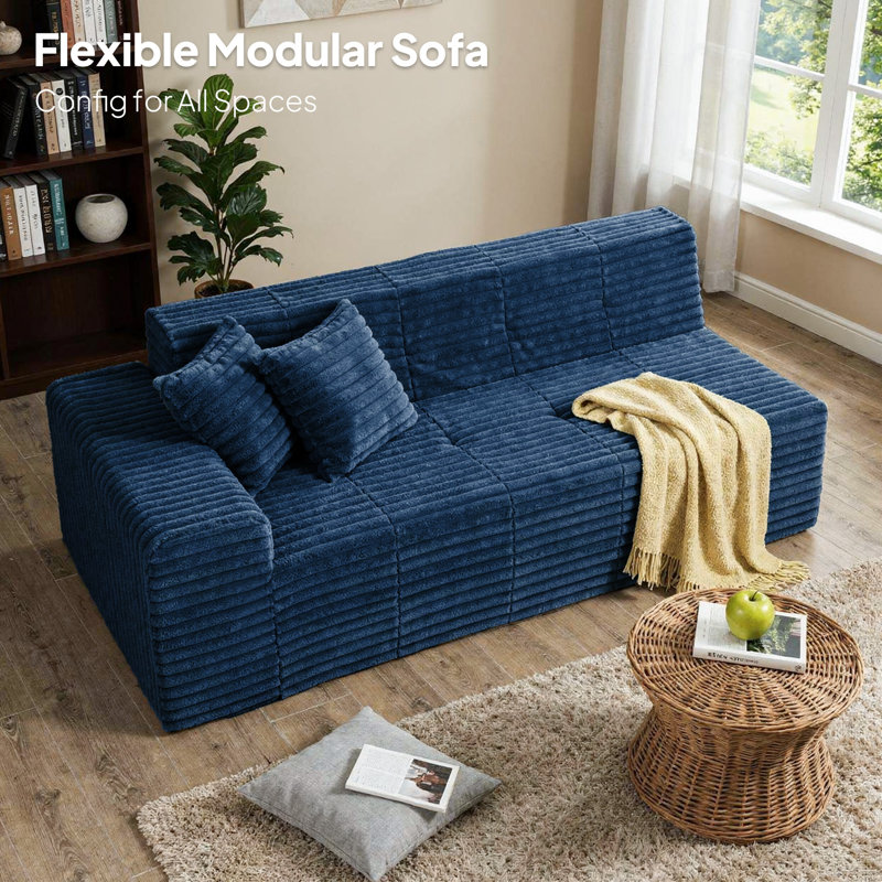 Boneless Upholstered Faux Rabbit Fur Flannel Sofa With Pillows - All Foam Compressed And No-Assembly Modular Design, Navy