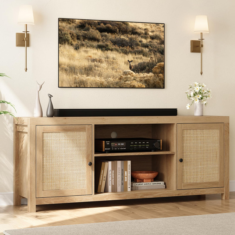 TV Stand For 75 Inch TV, Rattan Entertainment Center With Storage, Wood TV & Media Console, 66"