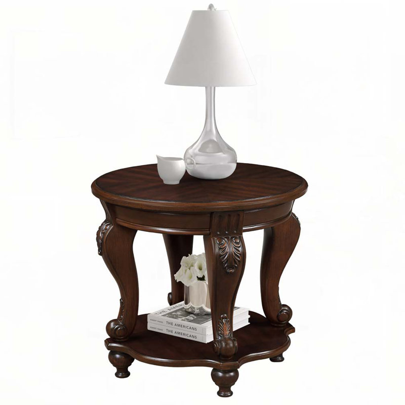 Solid Wood Round End Table with Shelf, Cherry, Cherry