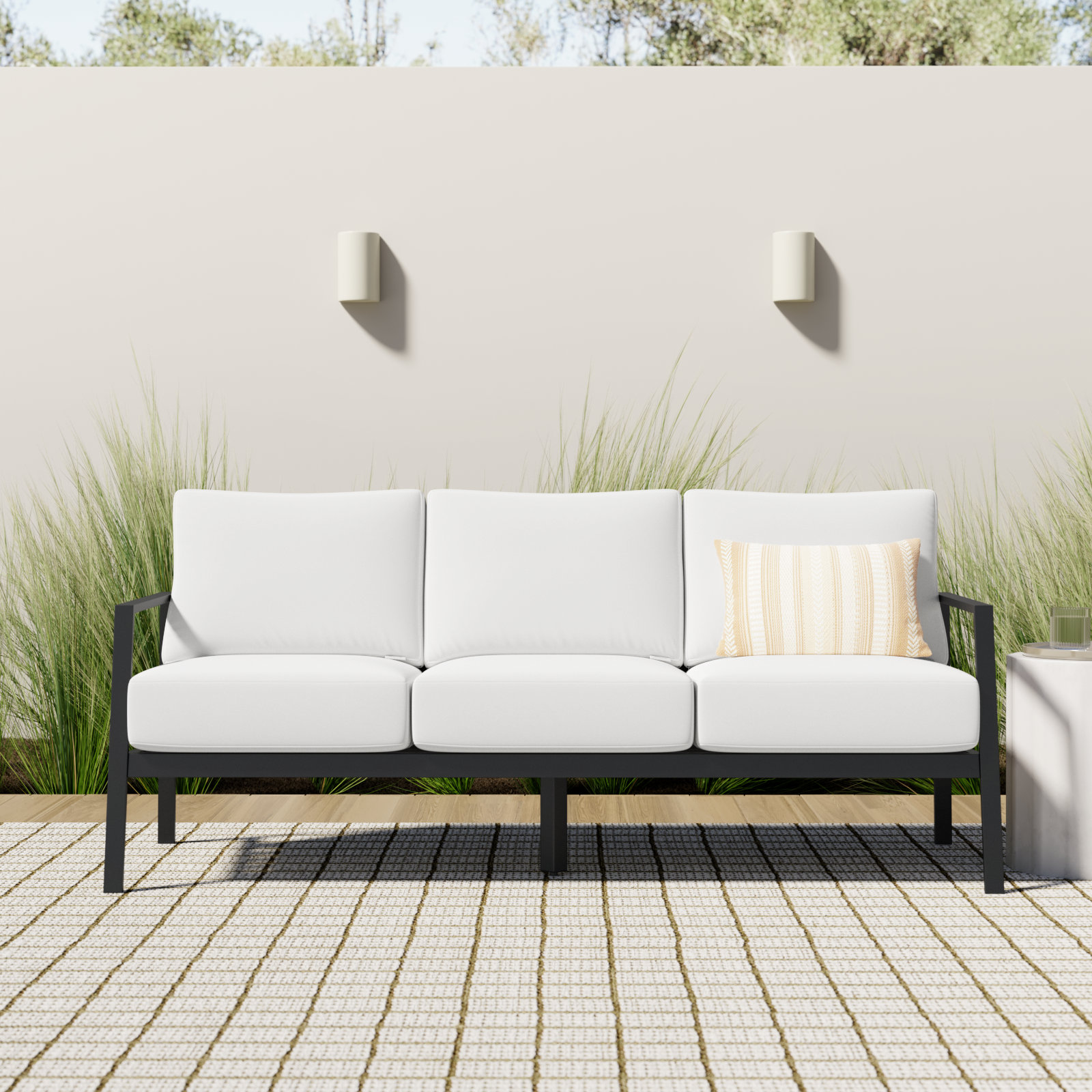 Armando 75" Sunbrella® Patio Sofa, White Sunbrella®, Black