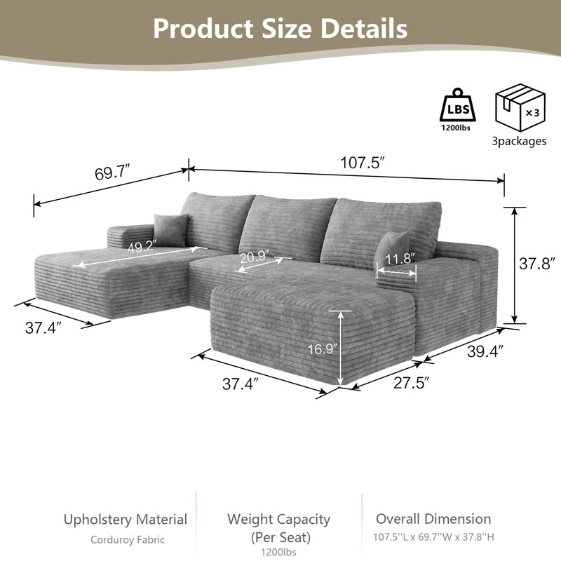 Boneless 107" U-Shaped Cloud Sectional Sofa with Ottoman, Plush Corduroy Fabric Deep Seat Corner Couch, Modern Minimalist Living Room Furniture, No Assembly Required