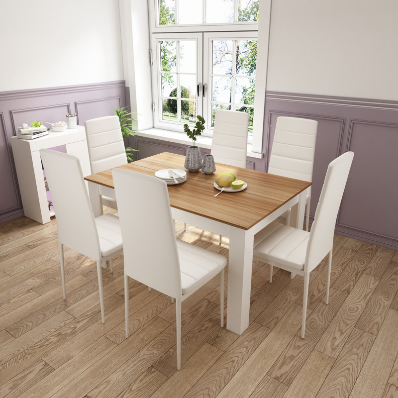 Elfredia 6 Person Wood Dining Set, Brown Wood, White