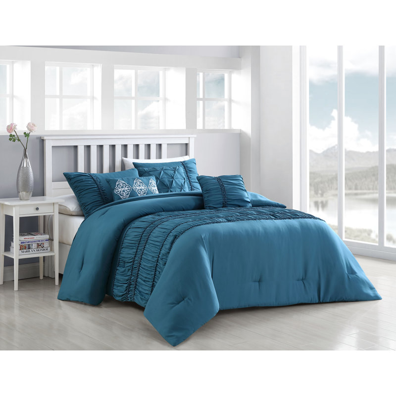 Ensemble d'édredon réversible Navier, Édredon pour lit simple + 1 taie décorative + 3, Bleu sarcelle