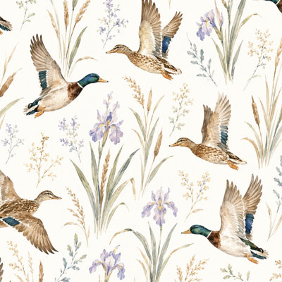 Peler et coller le papier peint aquarelle canard colvert canard sauvage fleurs contact papier amovible auto-adhésif mural pour armoires de cuisine de chambre à coucher 17,7 po x 118 po