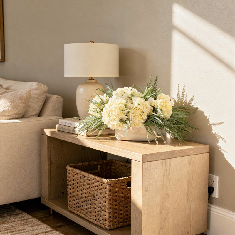 Hortensias et fougères disposés dans un pot en céramique