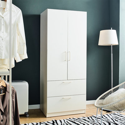 Armoire à deux portes en bois blanc avec deux tiroirs et barres de suspension - Portes à fermeture en douceur, option de rangement profond, surface d'eau et de chaleur, extérieur anti-taches, panneau de classement E0, 2 fois plus épais, garde-robe intégrée