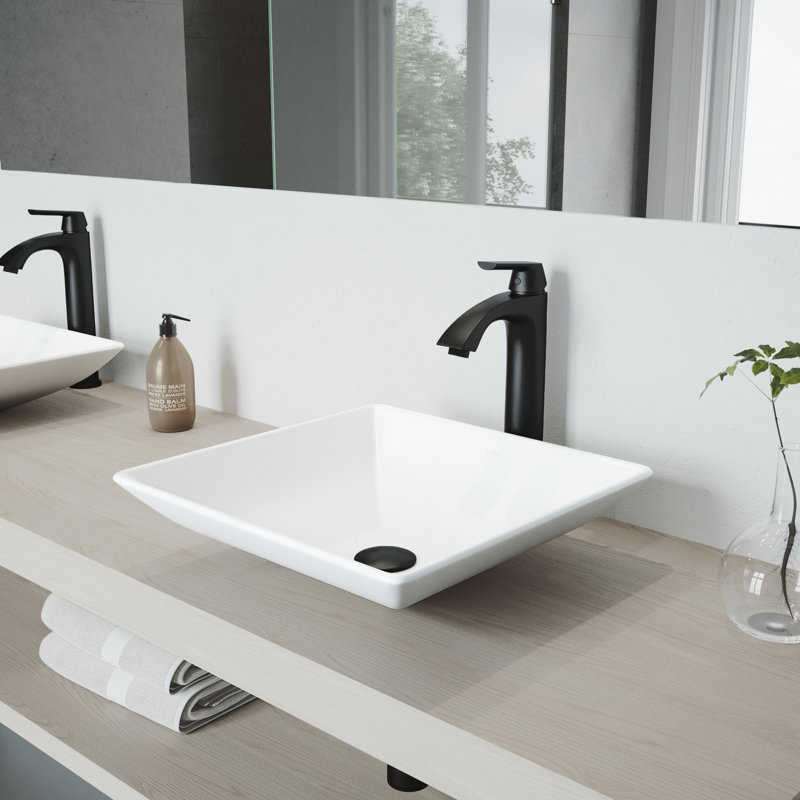 Hibiscus 16" L x 16" W x 5" H Square White Matte Stone™ Vessel Bathroom Sink with 12" H Faucet, Matte Black