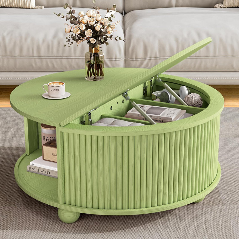 Round Coffee Table with Storage, 31.5" Mid Century Modern Fluted Coffee Table with 360° Curved Sliding Door, Green