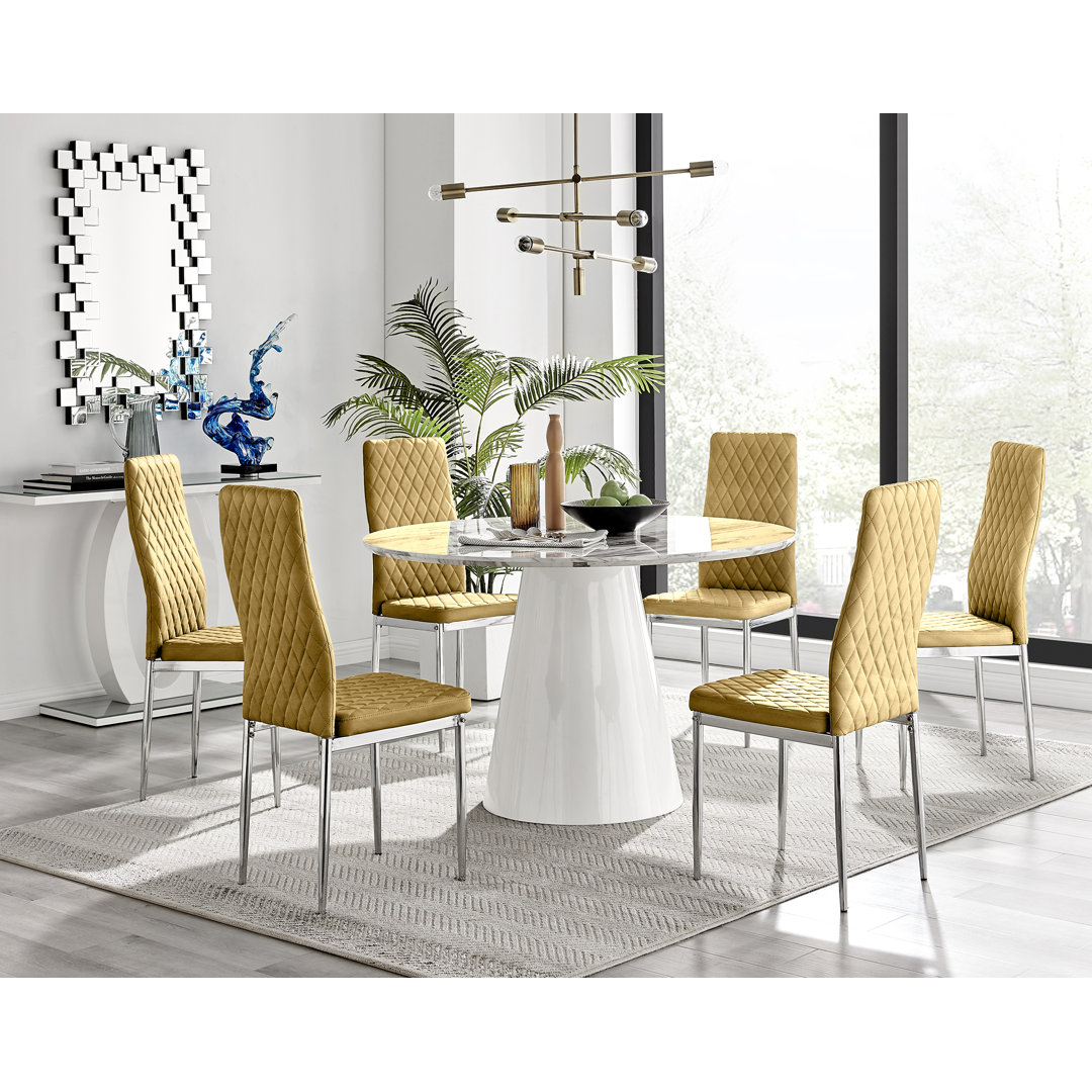 Edzard Statement Pedestal Round Dining Table Set & 6 Luxury Velvet Dining Chairs