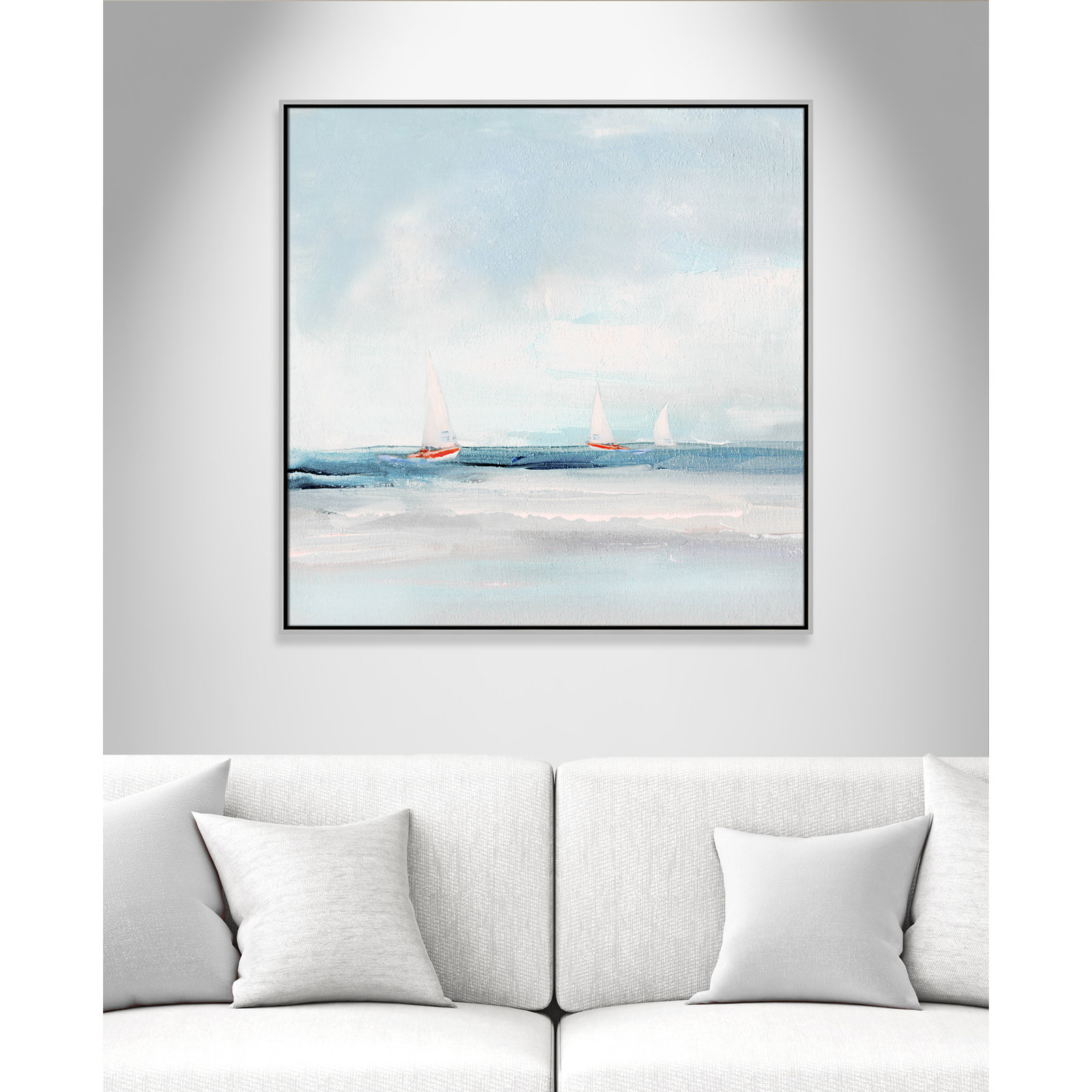 Caribbean Sail by Sally Swatland - Floater Frame Print on Canvas, 37.5" H x 37.5" W x 2" D, Silver