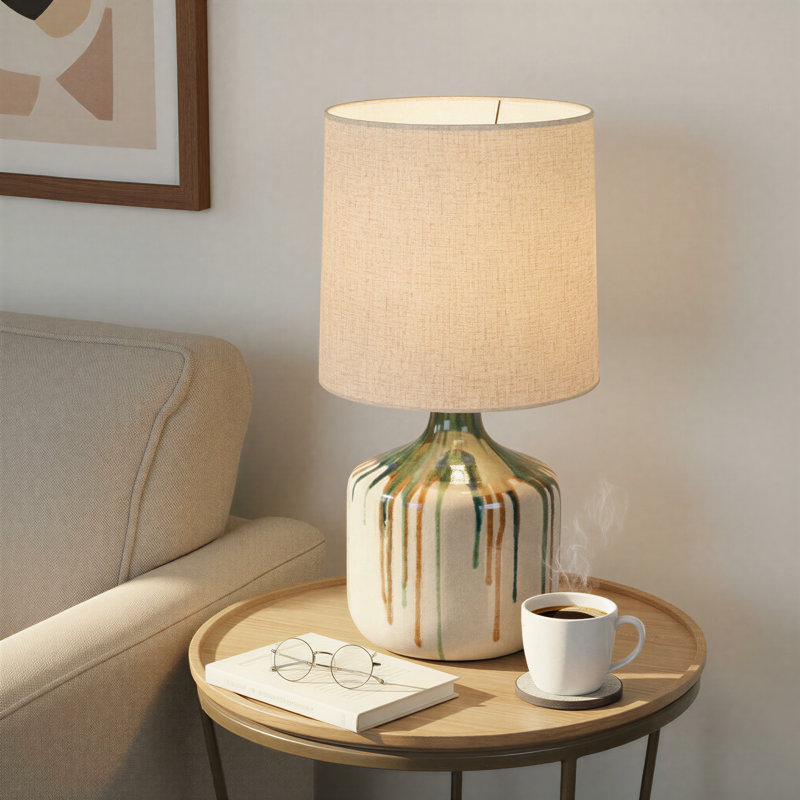 Lampe de table ronde en grès avec abat-jour en lin