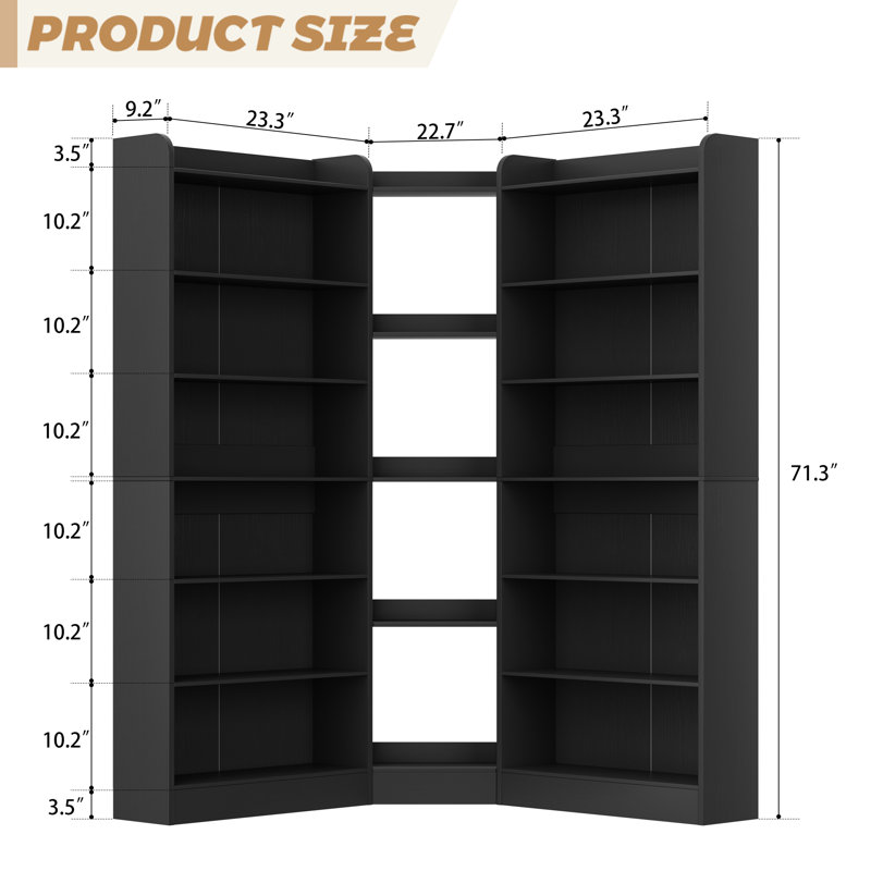 Bibliothèque en L en forme de L, étagère de rangement ouverte sur pied à 7 niveaux, Black