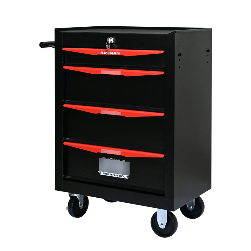 4 armoires à outils en métal de 20 po avec glissières à roulement, acier noir et rouge, 4 roues universelles, coffre à outils verrouillable