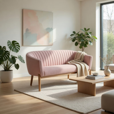 Fery Loveseat, Blush Pink Fabric Channel Stitched Back, Brown 55 Inch