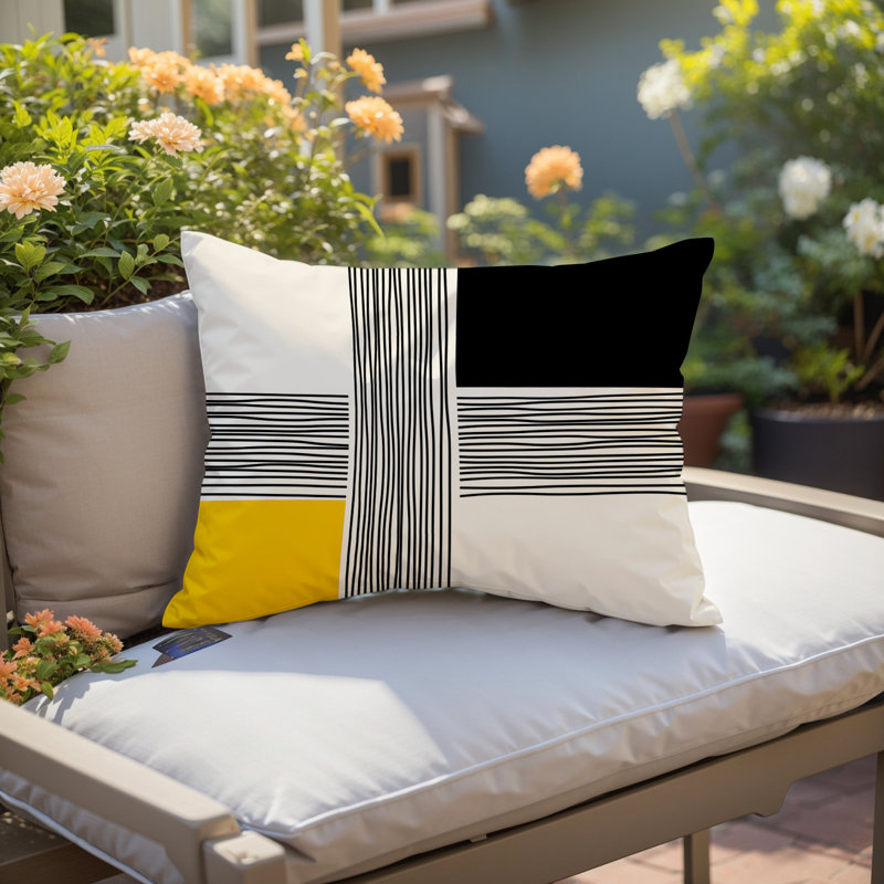 Housse et insert de coussin rectangulaire intérieur / extérieur en polyester filé Cassie, Jaune / crème / noir