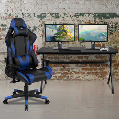 Gaming Desk and Reclining Gaming Chair Set with Cup Holder, Headphone Hook & Removable Mouse Pad Top