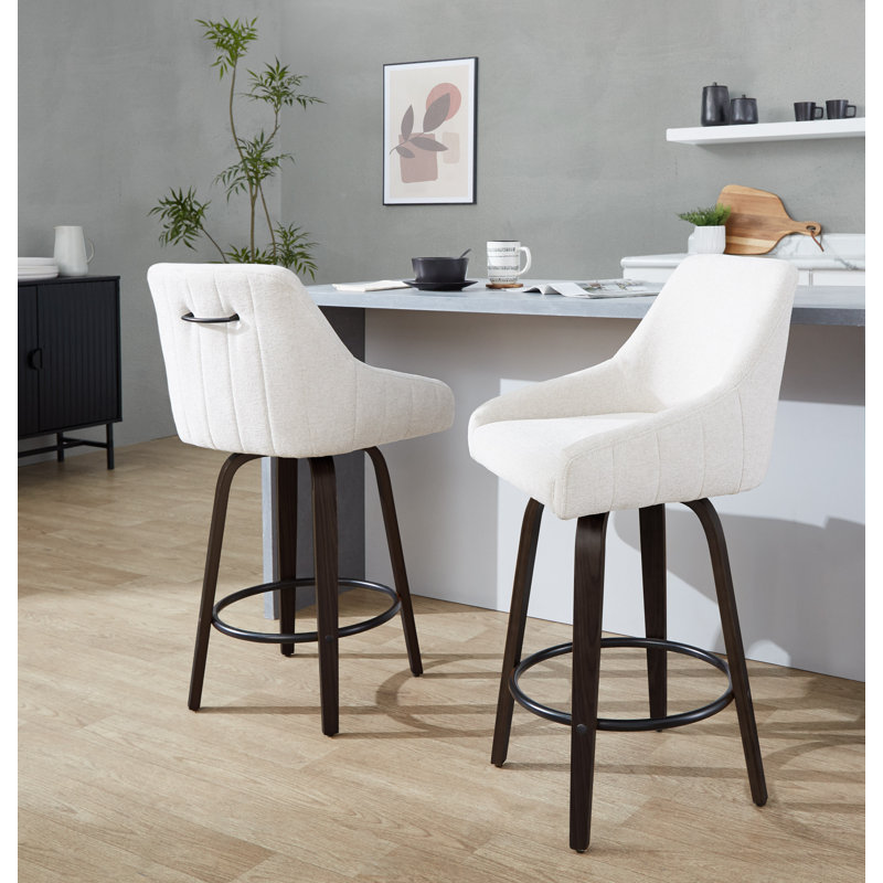 Tabouret de comptoir à hauteur fixe de 26 po avec pieds en bois cintré et repose-pieds Harper, Mélange de polyester crème