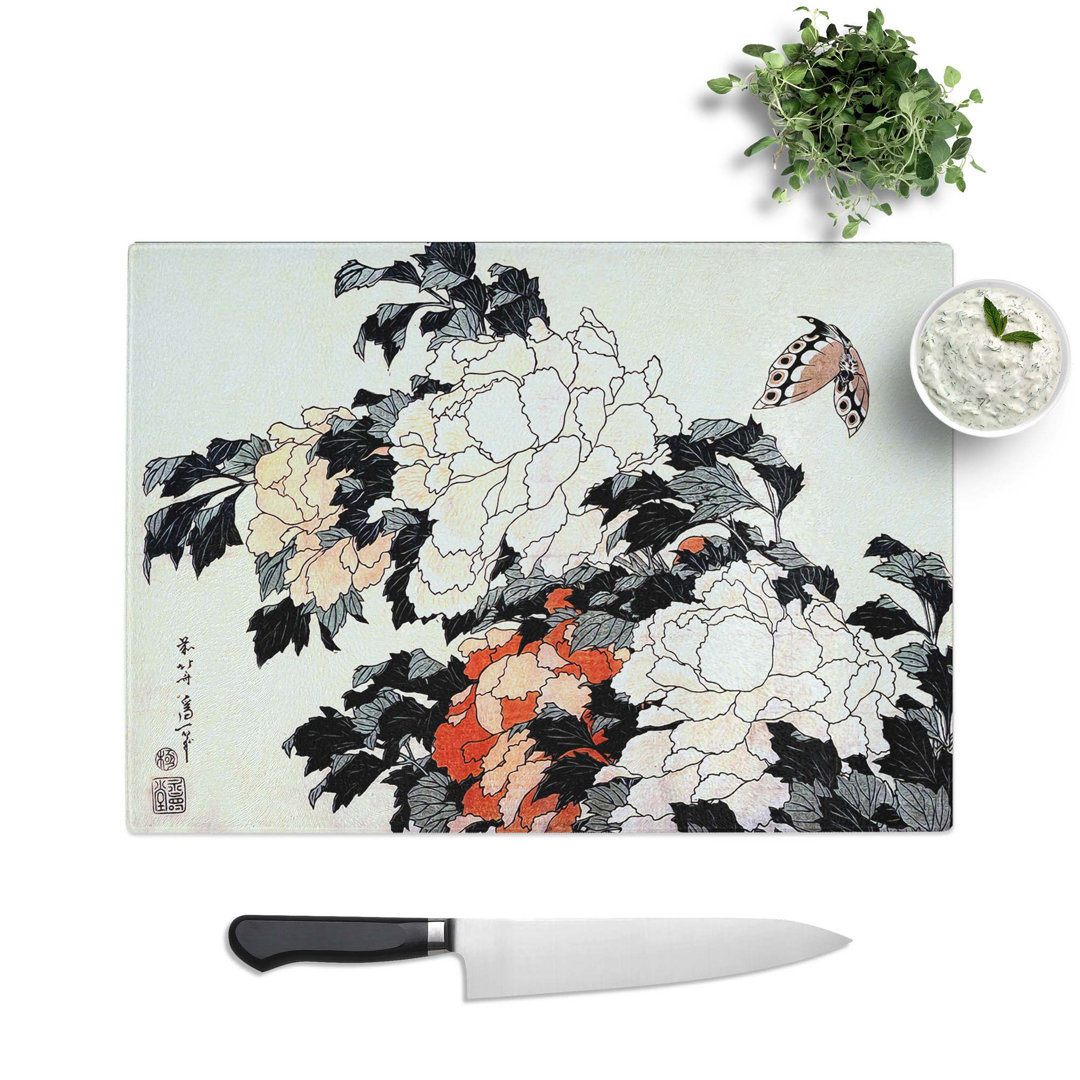 Tempered Glass Peonies and Butterfly by Katsushika Hokusai Chopping Board
