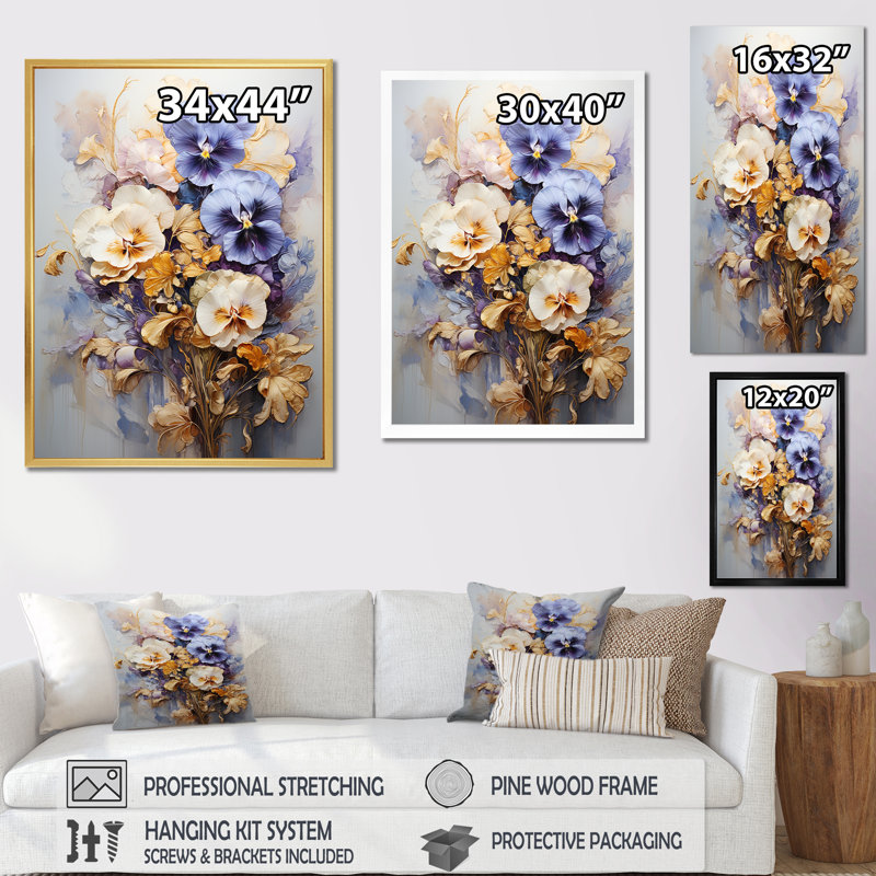 Bouquet de pensées dorées élégance, Cadre doré simple, H 32 po x l 16 po x P 1 po