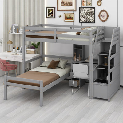 Lit mezzanine avec lit autonome, escalier de rangement, bureau, tablettes et tiroirs